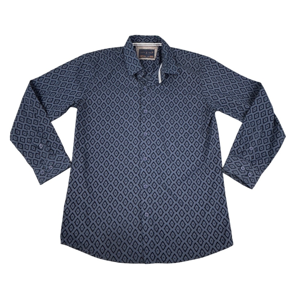 Day & Age Boys Navy Blue Flocked Black Diamond Dot Button Down Shirt Sz 10/12 M